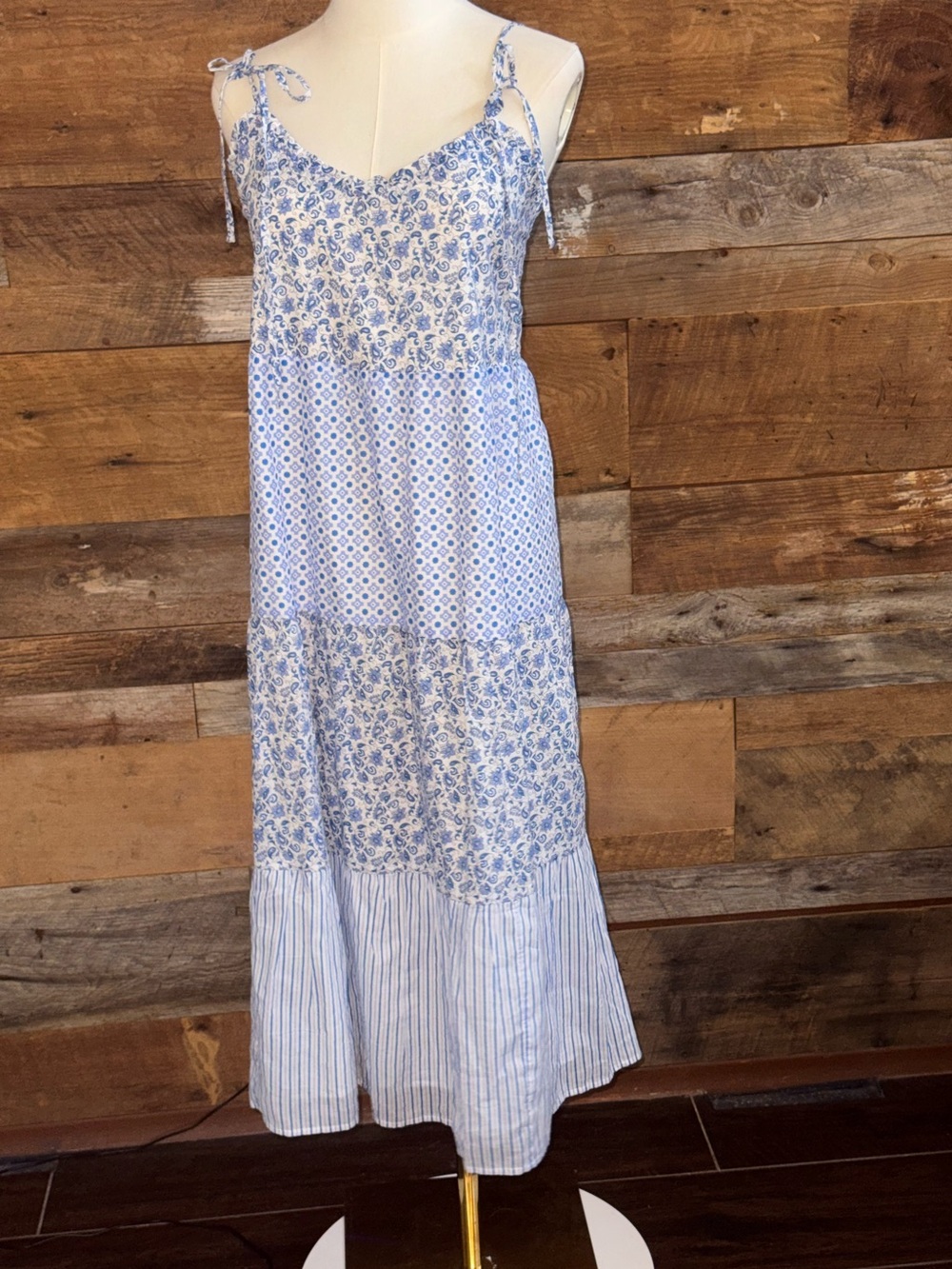 J.Crew Blue White Mixed Print Maxi Dress Tiered Cotton Tie Strap Medium